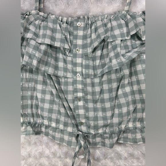 LC Lauren Conrad Women’s Button Front Off the Shoulder Green Ruffled Crop Blouse - Picture 3 of 9